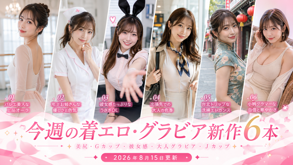【2026年8月15日更新】今週の着エロ・グラビア新作6本まとめ｜花咲音羽・冴島なな・後藤まつり・佐々木萌香・脊山麻理子・伊織いお パッケージ
